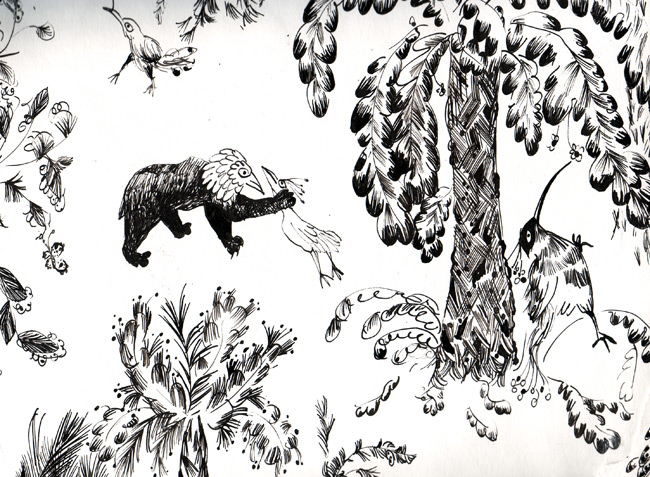 Bear n bird scene, detail: strangle